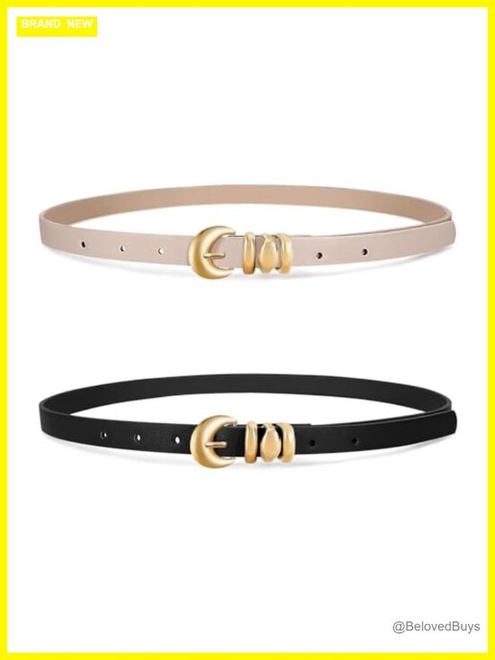 Accessories - 2 Pack Women's Skinny Faux Leather Belts Thin Waist Belt with Gold Buckle